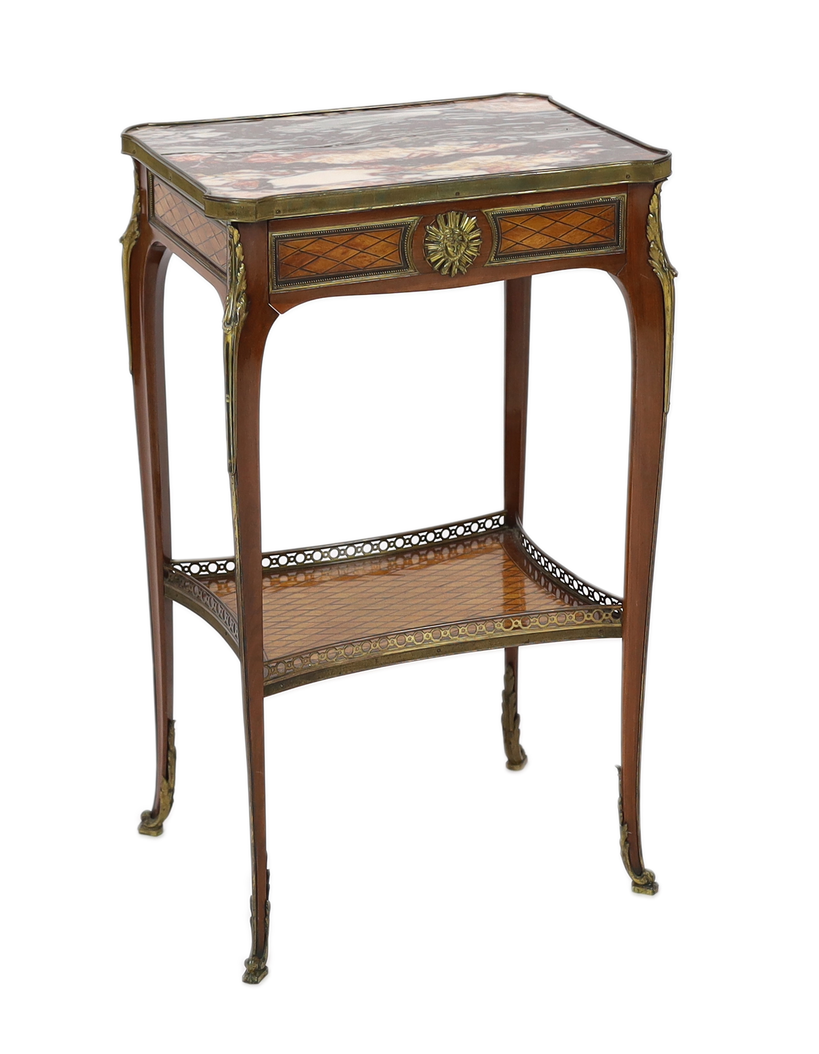 A Louis XV style ormolu-mounted and satinwood parquetry inlaid mahogany gueridon, 43cm wide, 33cm deep, 73cm high, Please note this lot attracts an additional import tax of 5% on the hammer price